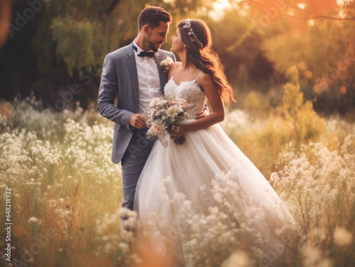 happy newlyweds in summer photo shoot wedding in summer spring the bride and groom look at each other in the sunlight photo