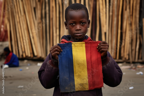 Un garçon tchadien tenant le drapeau du Tchad, dans une rue de N'Djamena