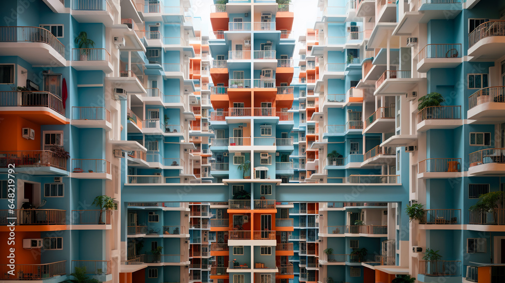 Balcony Bliss: Urban Living in a Colorful Symmetrical Apartment Building, Generative AI - obrazy, fototapety, plakaty 