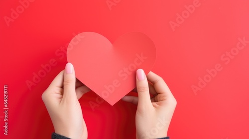 Hands holding blank paper greeting or invitation card over red background with heart shape. Christmas, Valentine day, New Year, winter holidays concept.