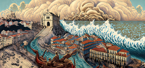 Illustration of Lisbon, Portugal during The Great Lisbon Earthquake and Tsunami in 1755 photo
