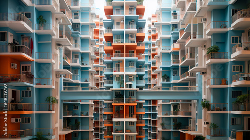 Photo Balcony Bliss: Urban Living in a Colorful Symmetrical Apartment Building, Genera