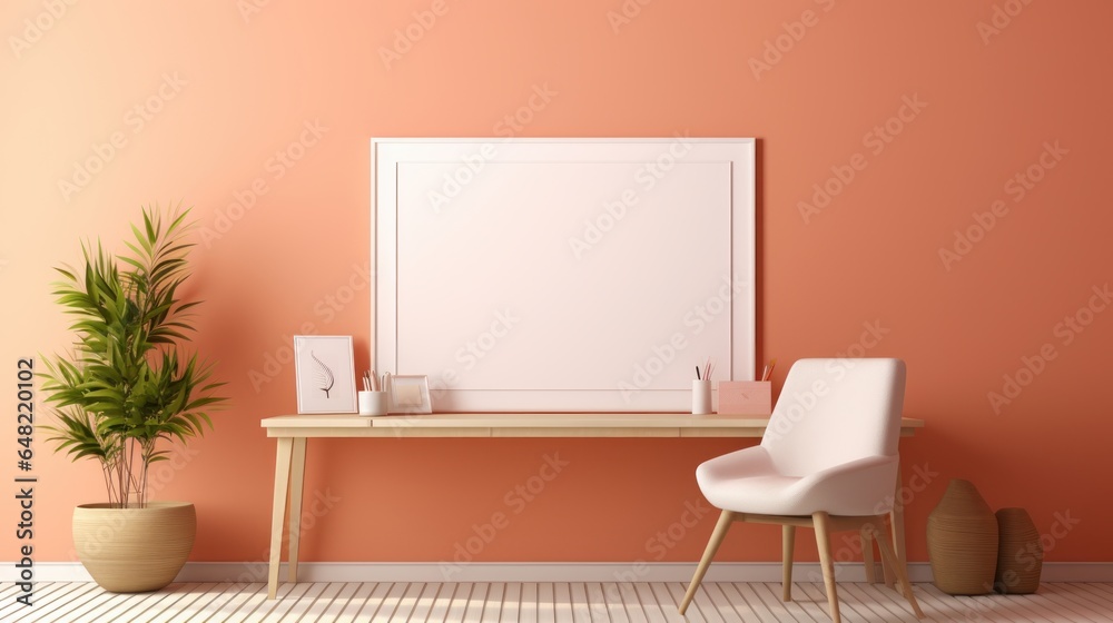 Stylish minimalist monochrome interior of modern office room in pastel orange and beige tones. Wooden desk with office tools, chair, houseplant, poster template. Mockup, 3D rendering.