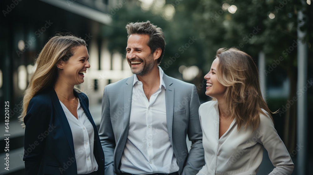 Successful business team laughing while standing together. after finishing the project. generative AI Successful business team laughing while standing together. after finishing the project. generative AI
