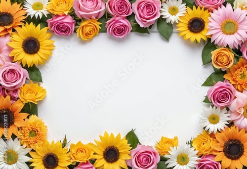 Wedding multicolored floral border on white card on monotone background