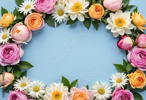 Wedding multicolored floral border on white card on monotone background