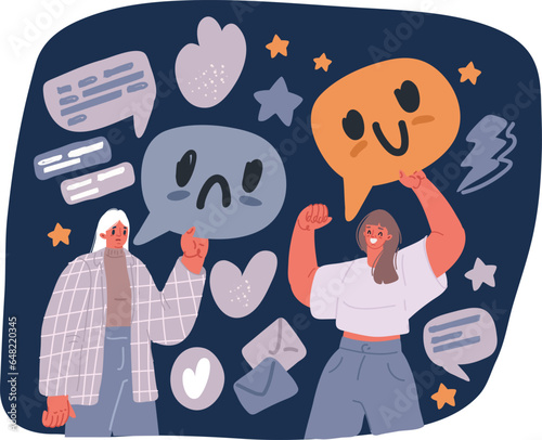 Cartoon vector illustration of young females with sad and happy speech bubbles. Emotional character happy, sad, curious and bored. Depressive and posetive charcters