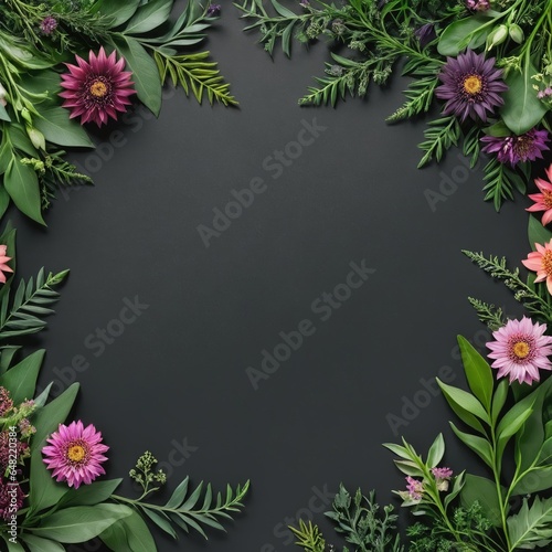 Dark grey background framed by vibrant pink, purple, and orange flowers