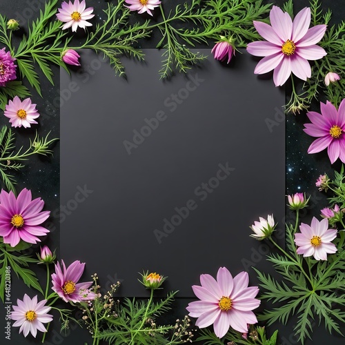 Dark grey background framed by vibrant pink, purple, and orange flowers