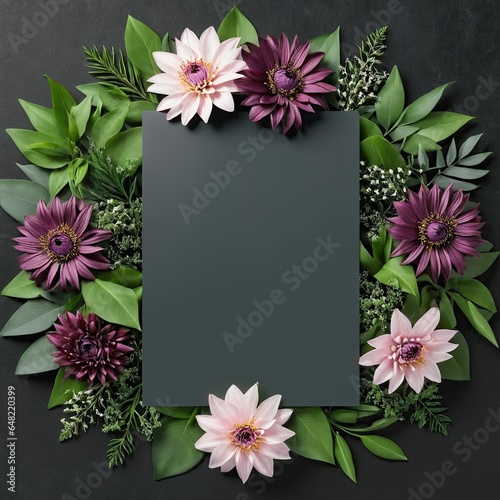 Dark grey background framed by vibrant pink, purple, and orange flowers