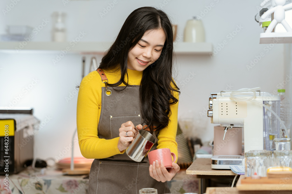 Small business owner, successful businesswoman, beautiful woman standing in coffee shop Portrait of a tanned Asian woman, barista, cafe, business concept owner, seller, SME Small business owner, successful businesswoman, beautiful woman standing in coffee shop Portrait of a tanned Asian woman, barista, cafe, business concept owner, seller, SME
