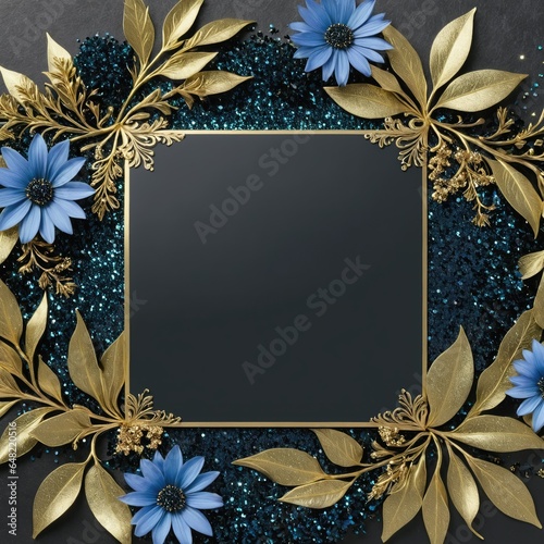 Golden leaves and blue flowers adorn a black square frame on a glittery backdrop