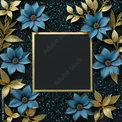 Golden leaves and blue flowers adorn a black square frame on a glittery backdrop