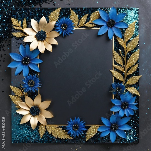 Golden leaves and blue flowers adorn a black square frame on a glittery backdrop