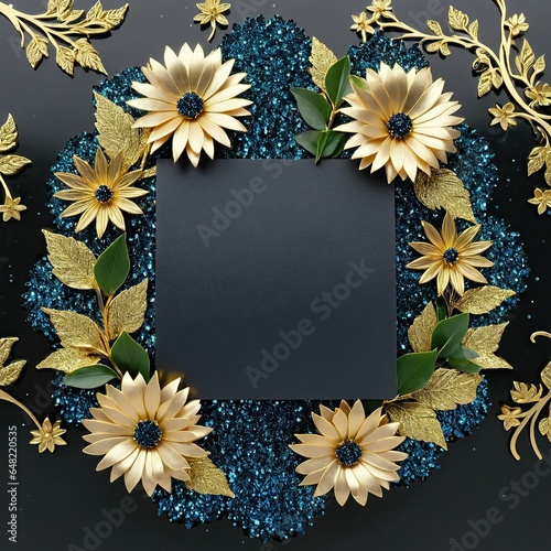 Golden leaves and blue flowers adorn a black square frame on a glittery backdrop