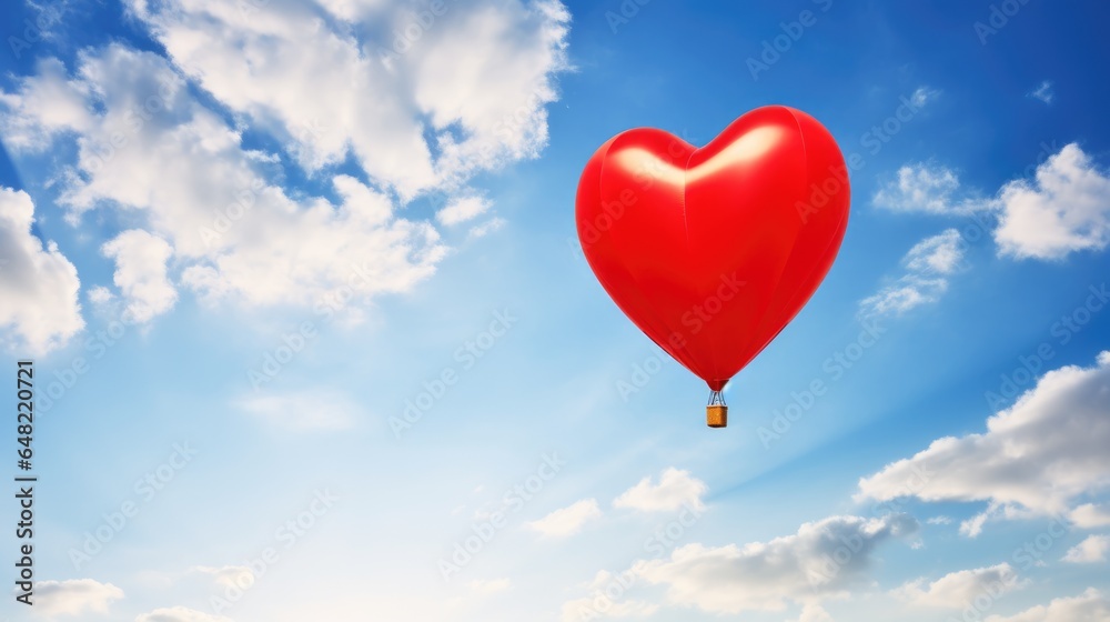 Heart shaped red balloon flying in blue sky with white clouds