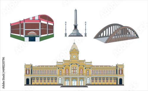 Iconic Places of Belo Horizonte. Belo Horizonte city vector with Central Market, Central Station, Obelisk at Praça 7 and Santa Tereza's viaduct. photo