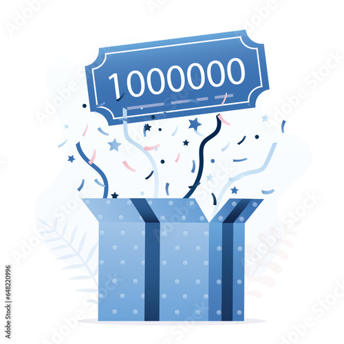 Celebration of win lottery or contest. Big box with confetti and money prize. Winning cash prize, rewarding.