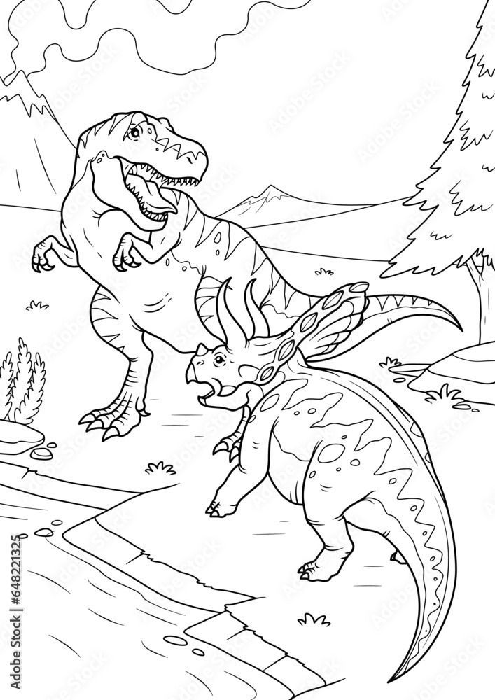 Tyrannosaurus rex vs triceratops Dinosaur line art for coloring page ...