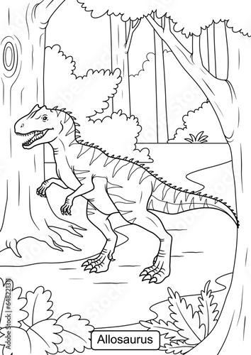 Allosaurus Dinosaur line art for coloring vector page illustration