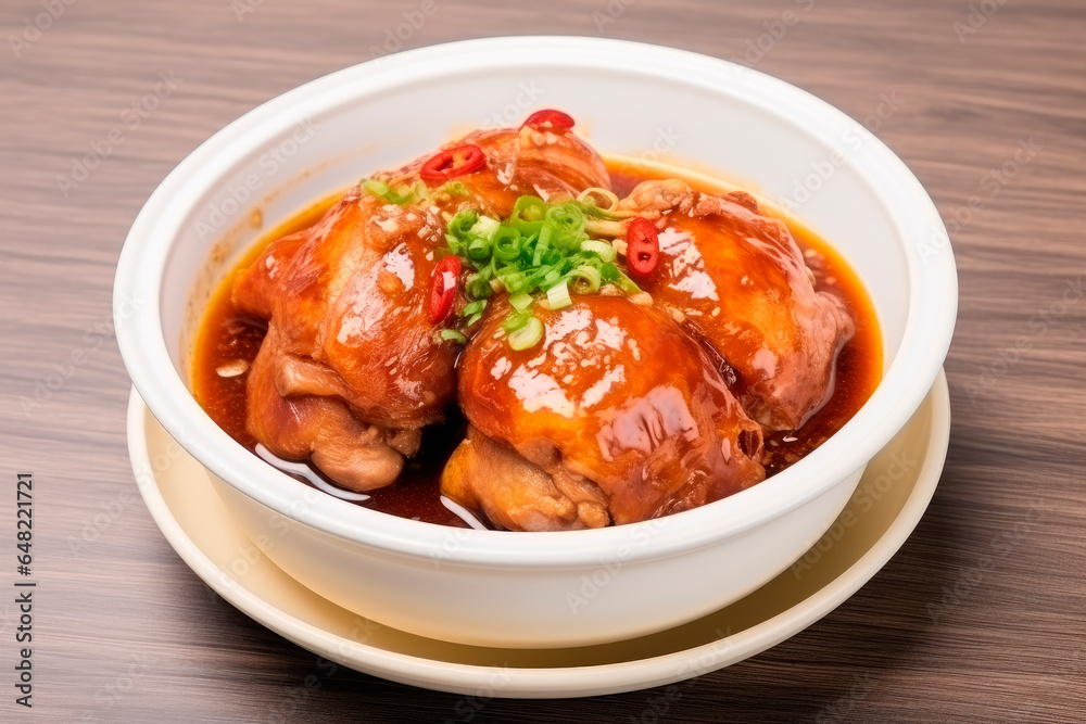 Taiwanese traditional food pork knuckle in a white bowl with golden line for Chinese Lunar New Year meal on white wooden table Taiwanese traditional food pork knuckle in a white bowl with golden line for Chinese Lunar New Year meal on white wooden table