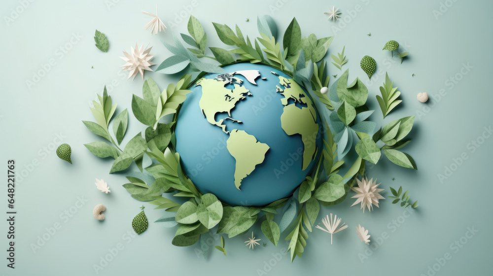 Paper Craft,  Globe adorned with green leaves and sustainable living symbols,  inspiring eco-friendly choices