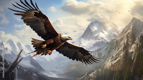 an artistic representation of a golden eagle soaring above a rugged alpine landscape