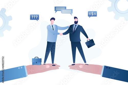 Giant hands hold businessmen making deal. Online platform or service for b2b communication. Helping businesses find partners and close profitable deals. Partners shake hands,