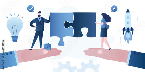 Giant hands hold businessmen making deal. Online platform or service for b2b communication. Helping business find partners and close profitable deals.