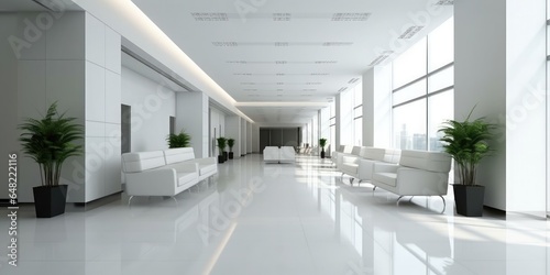 Comfortable office lobby interior with blank white wall. © Suwanlee