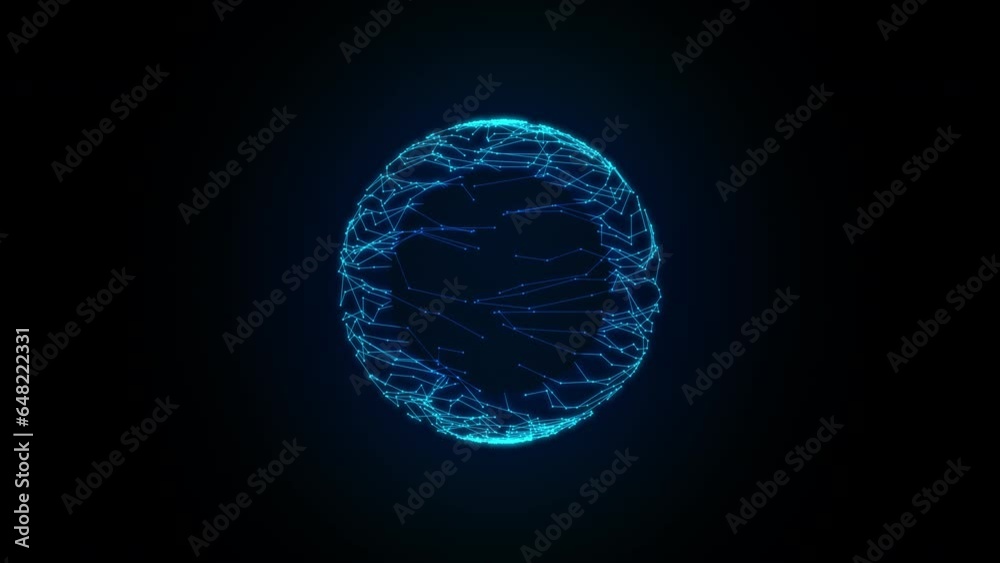 3D animation of future shape a rotating neon blue transparent sphere from beams nd black hole inside, 4K abstract geometric animated background