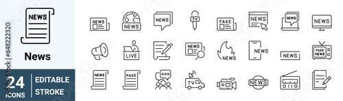 set of 24 line web icons. Fake News. Wrong Information, live, Propaganda, Inappropriate Content. Editable Stroke. Collection of Outline Icons. Vector illustration.