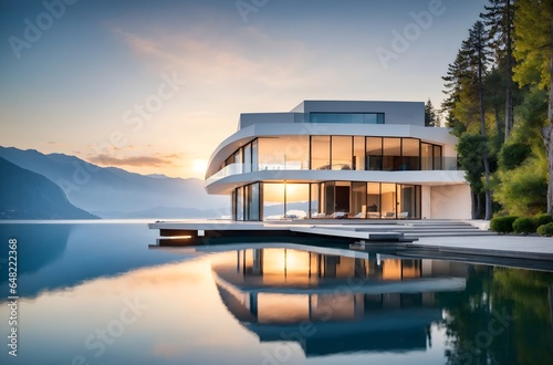 Modern futuristic architecture home reflected in lake surrounded by mountains design concept background, architectural banner with copy space text  © Karlo