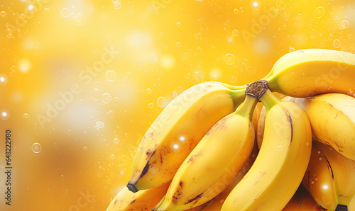 Ripe bunch bananas with glistening droplets on a vibrant yellow backdrop.