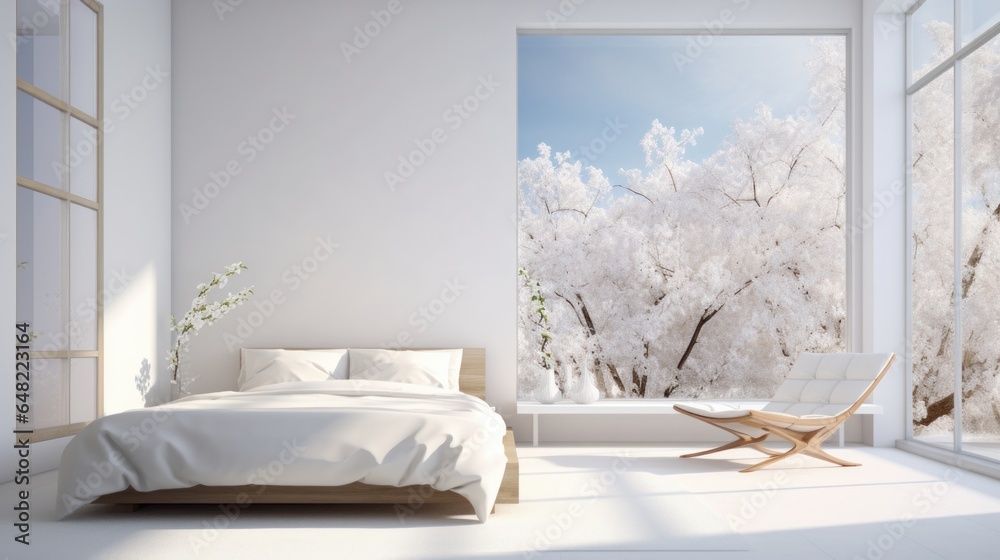 Interior of white minimalist scandi bedroom in luxury villa or hotel. Large comfortable bed, armchair, panoramic window overlooking scenic winter landscape. Ecodesign. Mockup, 3D rendering.
