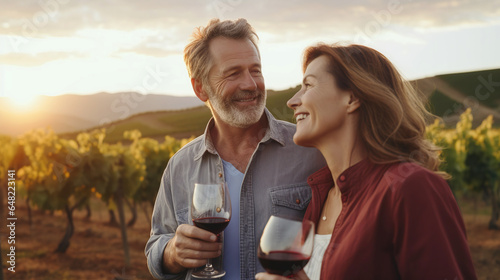 Wine tasting in the vineyard. Middle-aged couple, about 50 years old, enjoying a glass of red wine at sunset in a vineyard.