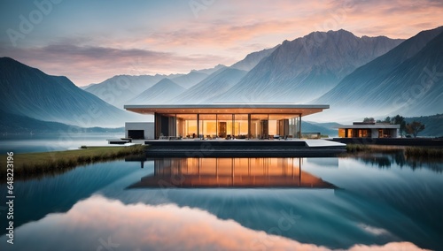 Modern futuristic architecture home reflected in lake surrounded by mountains design concept background, architectural banner with copy space text 