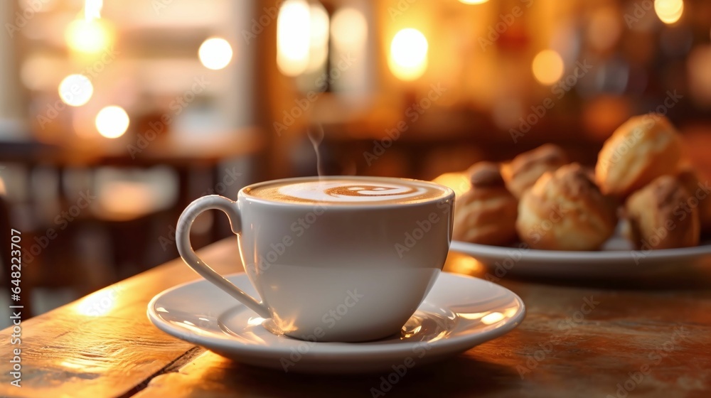 Warm and Cozy Coffee Break with Freshly Brewed Cappuccino and Delicious Pastries in a Rustic Café Setting Warm and Cozy Coffee Break with Freshly Brewed Cappuccino and Delicious Pastries in a Rustic Café Setting