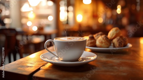 Warm and Cozy Coffee Break with Freshly Brewed Cappuccino and Delicious Pastries in a Rustic Café Setting