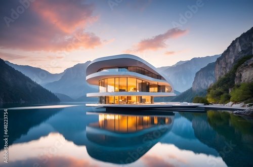 Modern futuristic architecture home reflected in lake surrounded by mountains design concept background, architectural banner with copy space text 