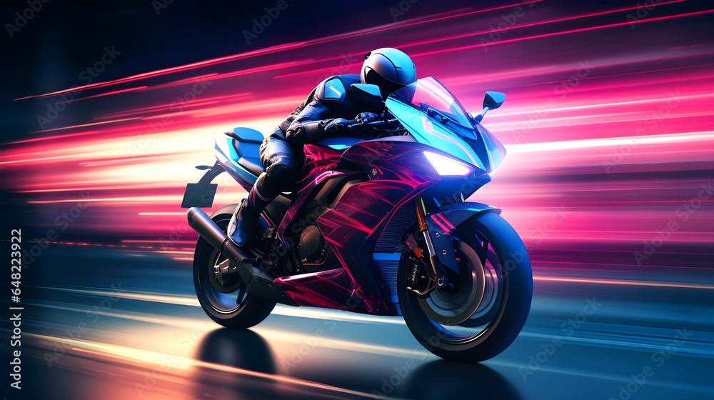 The futuristic racing motorcycle on a speedway, high-speed blur zoom effect, neon color motion. Racing motorcycle in motion.The illustration with neon lights, a motorcycle, and a road. Generative AI.