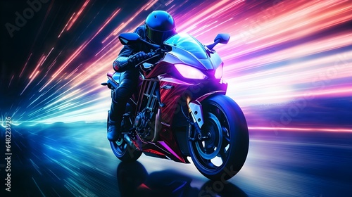 The futuristic racing motorcycle on a speedway, high-speed blur zoom effect, neon color motion. Racing motorcycle in motion.The illustration with neon lights, a motorcycle, and a road. Generative AI. © Bochana