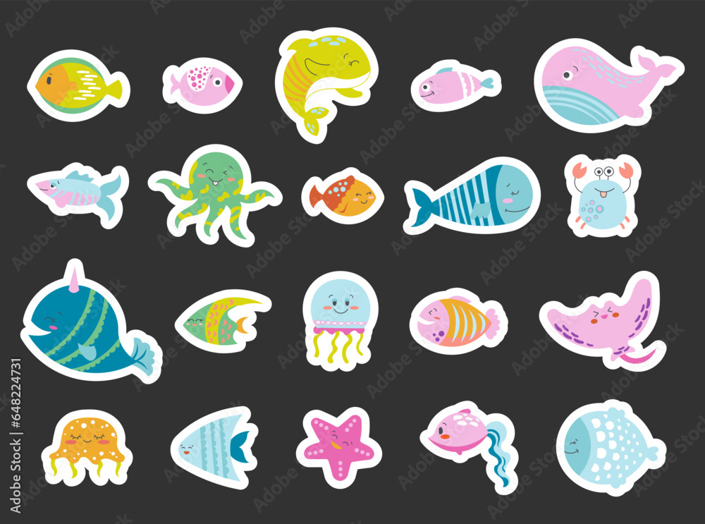 Cartoon aquatic animals. Sticker Bookmark. Fish characters underwater world. Marine life. Vector drawing. Collection of design elements.