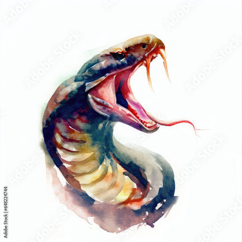 Watercolor painting of a fierce, roaring snake created with Ai.