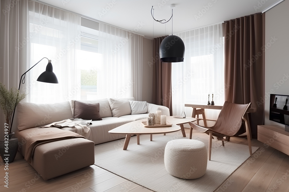 Nordic style interior of living room in modern house. Nordic style interior of living room in modern house.