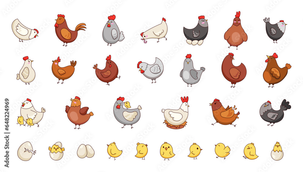 Hen rooster and chick. Cute chicken farm characters. Vector drawing. Collection of design elements. - obrazy, fototapety, plakaty 