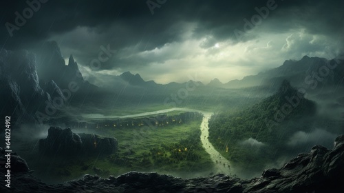 an awe-inspiring and dramatic image of a valley with a thunderstorm approaching