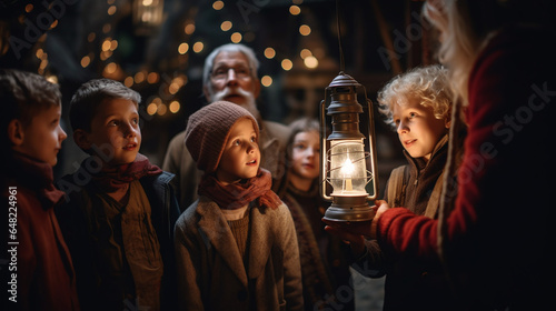 Enchanted Evening: Children and Grandparent Mesmerized by the Warm Glow of a Lantern