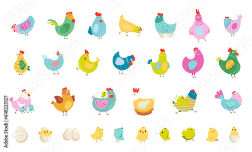 Hen rooster and chick. Cute chicken farm characters. Vector drawing. Collection of design elements.