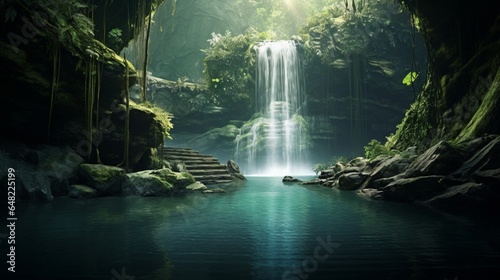 an elegant AI image of a hidden waterfall cascading into a tranquil emerald pool